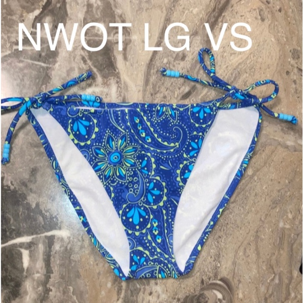 NWOT LG VICTORIA’S SECRET TIE BLUE BIKINI BOTTOMS W/BEADS
